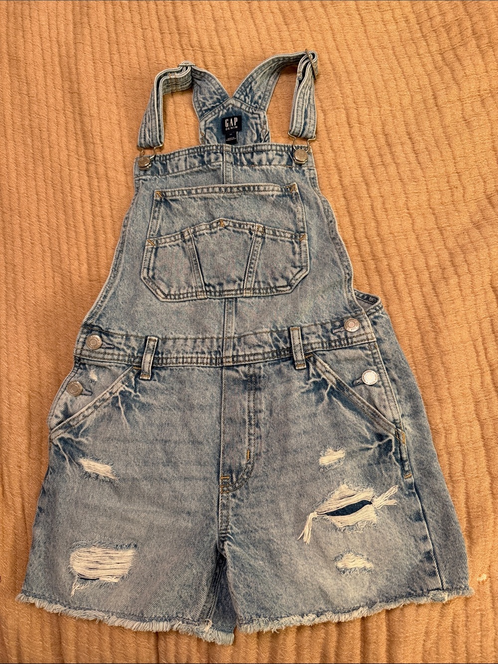 GAP Girls Distressed Light Blue Denim Short Overalls